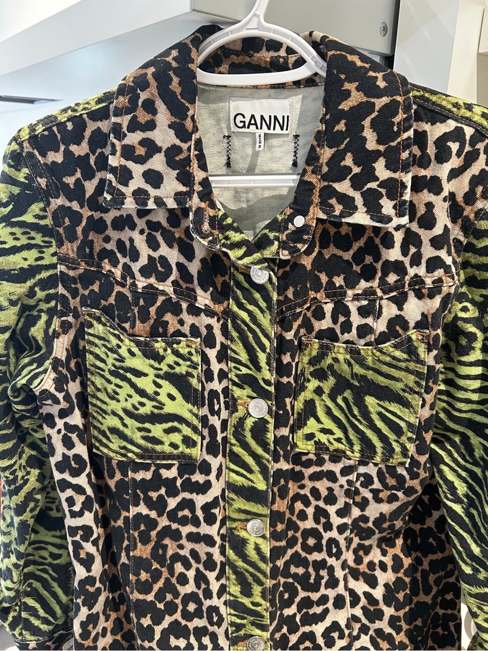 Ganni Leopard Print Denim Dress with Green Panels Tiger Print